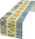 Lemon Table Runner,Watercolor Blue Fruits Green Leaves Print Table Cloth Kitchen Dining Table Home Party Decoration 13x90 Inch