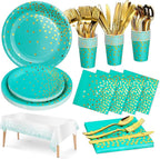 141 Pieces Blue Green and gold Party Supplies, Party Dinnerware Sets Include Paper Plates Napkins Cups Silverware, for Wedding Bridal Shower Engagement Birthday Parties Decoration -20 Serves