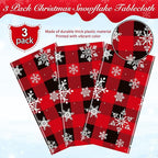 3 Pieces Red and Black Buffalo Plaid Merry Christmas Party Tablecloth Decorations,Plastic White Snowflake Buffalo Plaid Sign Table Cover for Winter Christmas Holiday Party Supplies,54x108 inch