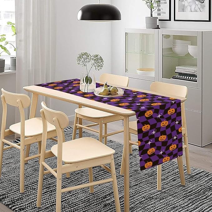 Halloween Table Runner,Purple Checkered Pumpkin Table Runner for Kitchen Dining Table Decoration Home Party Decor 13x90 Inch