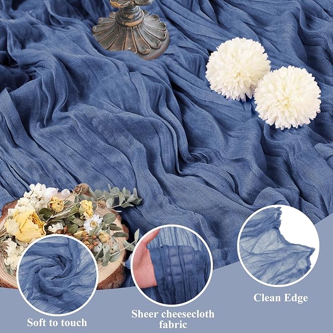 Asee'm 6pcs Cheesecloth Table Runner 120 Inches Long Blue Boho Gauze Cheese Cloth Runner 10FT Rustic Sheer Table Runners for Christmas Wedding Party Baby Shower Spring Easter Decoration