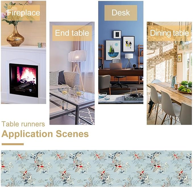 Kio Fish Table Runner Waves Retro Japanese Tradition Art Printed Burlap Runner Home Kitchen Dining Table Living Room Decor Fabric 1 Panel W13xL120in
