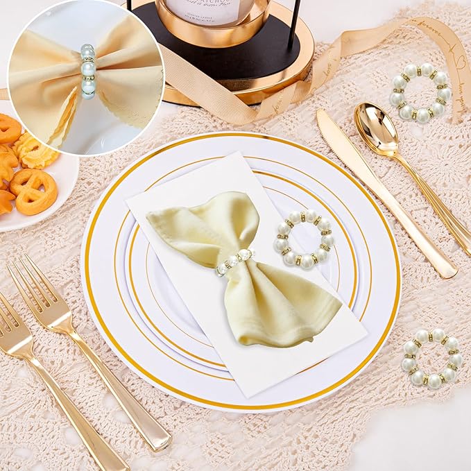 48 Pcs Gold Disposable Napkin Rings, Delicate Pearl Napkin Ring Holder, White & Golden Beaded Serviette Buckles for Formal Wedding Dinner Home Decor Party Supplies