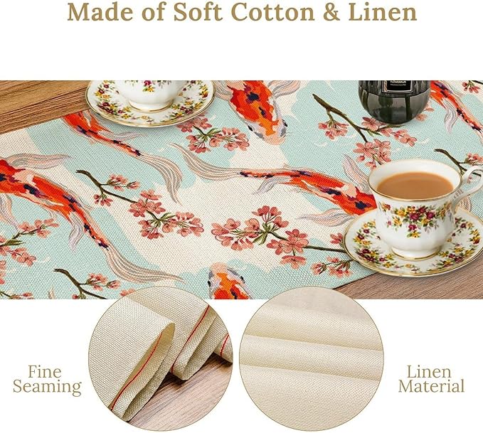 Japanese Kio Fish Table Runner Cherry Flower Art Printed Burlap Runner Home Kitchen Dining Table Living Room Decor Fabric 1 Panel W13xL120in