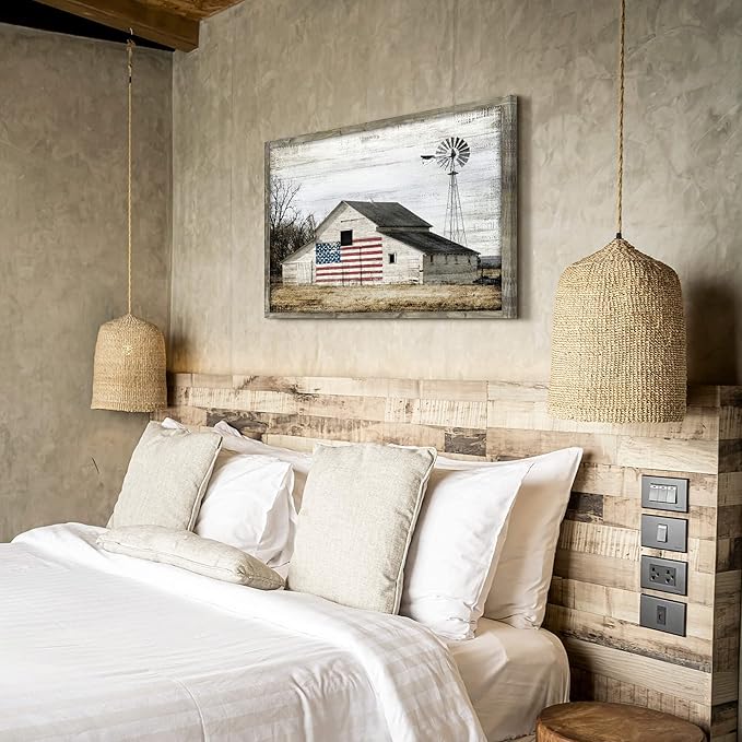 Rustic Landscape Wooden Picture Artwork - Neutral Color Barn with USA Flag Accent Windmill Painting Wall Art Framed