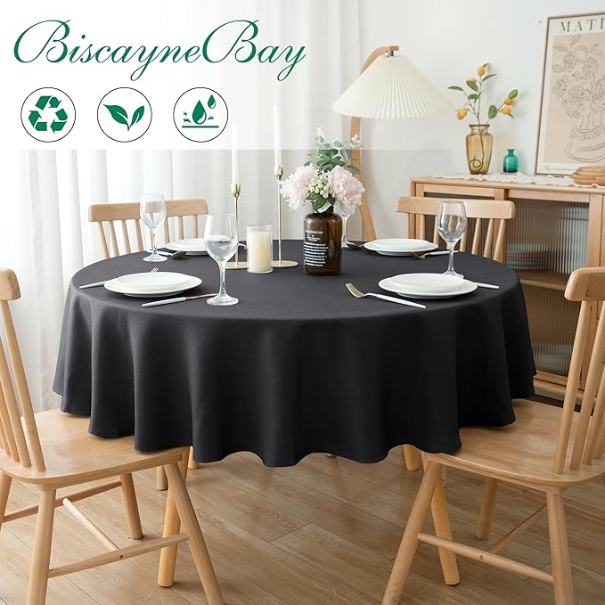 Biscaynebay Textured Fabric Round Tablecloths 70", Black Water Resistant Washable Table Cloth Circle Folding Table Covers for Dining, Kitchen, Wedding, Parties etc