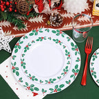 WDF 350pcs Christmas Plates and Napkins Set - Exquisite Holly Design - Christmas Dinnerware Set of 50 Plastic Plates 50 Red Silverware Set&Cups& Napkins
