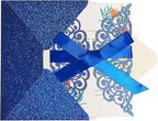 50Pcs Laser Cut Blue Wedding Invitation With Glitter Envelopes And Ribbons Blank Personalized Card Invitaciones Para quinceañera Birthday Baby Shower Christmas Party Bridal Shower