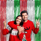 BRAVESHINE 2 Pack Fringe Backdrop Red Silver Green Christmas Party Decorations 3.2 x 6.6 ft Tinsel Foil Curtain Party Streamer Metallic Photo Backdrop for Christmas, New Year Decor
