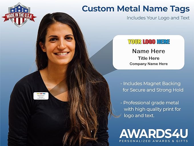 Custom Name Tag with Logo - Personalized Name Badge with Magnet Backing - Choose Your Size and Color (White Metal 3"x1.5" - Logo on Top)