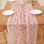 Pink Flower Tulle Table Runner 29x120 Inch Embroidery Florals Soft Sheer Tulle Fabric for Wildflower Party and Baby in Bloom Baby Shower Decorations