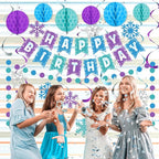 Funrous Snowflake Birthday Decorations Happy Birthday Banner Snowflake Hanging Swirls Honeycomb Balls Circle Dots Garland for Winter Princess Party Supplies