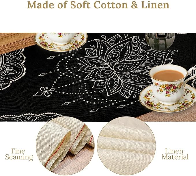 Lotus Flower Table Runner, Bohemian Ethnic Oriental Mandala Black White Floral Print Table Runner for Home Kitchen Dining Indoor Outdoor Dinner Party Decor, 13x90inch