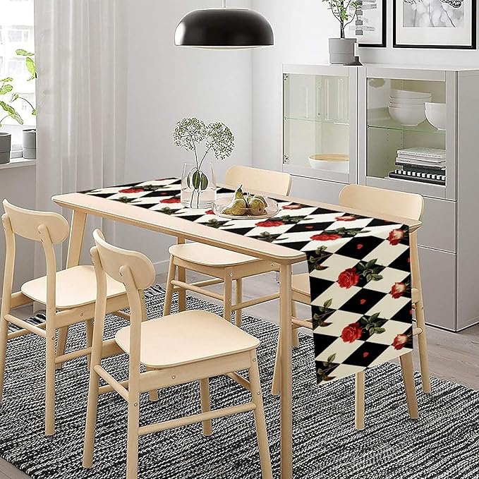 Vintage Rose Table Runner, Red Rose Hearts Black White Checkered Background Table Runner for Kitchen Dinning Table Runner Decor Home Wedding Party Holiday, 13x60 Inch