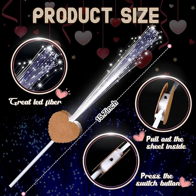 24 Pcs Wedding Sparklers Heart Shaped LED Glow Sticks Fiber Optic Wands Light up Wand with 3 Light Mode for Wedding Bridal Shower Birthday Glow in the Dark Party Supplies (Brown)