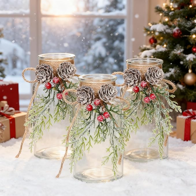 Set of 6 Xmas Decor Vases Christmas Centerpieces for Tables Farmhouse Holiday Table Decor Clear Glass Vases with Twine Ties for Christmas Decorations