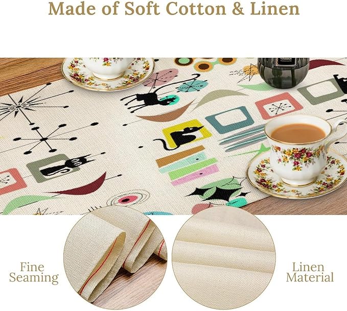 Colorful Geometric Table Runner,Vintage Mid Century Cute Cat Abstract Morden Print Tablecloth Burlap for Hotel Indoors Outdoor Dining Room Kitchen Home Decor, 13x60in