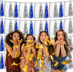 4P Navy Blue White Silver Foil Fringe Tassel Banner Garland Metallic Tinsel Streamers Wall Hanging Curtain Backdrop Banner for Parade Floats, 2024 Graduation Decorations, Retirement Party Decorations