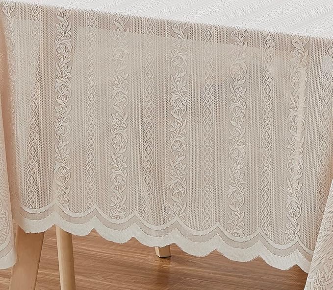 LinenZone Round Lace Tablecloth with Elegant Scalloped Bottom for Any Special Event Such as Wedding, Birthday Party, Baby Shower, Anniversary. Sits 4 to 6 People. (Linda 70 Round, Linen)