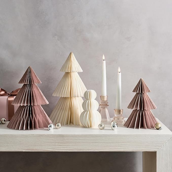 LampLust White Honeycomb Paper Trees, 2 Pack, 6 & 8 Inch, Winter Ornaments, Winter Decorations for Home and Mantel Decor, Winter Wonderland Decorations