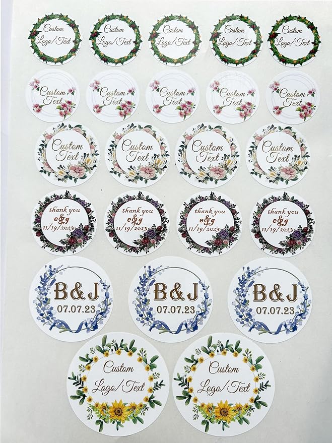 Custom Stickers for Weddings, Birthdays & Businesses - Personalized Labels with Your Logo - Waterproof, Fade and Heat Resistant - Pack of 100-1000 (Wreath D, 1.5 Inch)