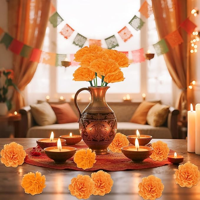 30 Pcs Artificial Marigold Flowers,2" Silk Marigold Flower Heads with Stems,Orange Flowers Artificial for Diwali Decor,Indian Wedding,Home,DIY Wreath Garland,Day of The Dead Decorations