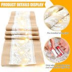 Xinnun 6 Pack Burlap Table Runner with LED String Lights, Modern Rustic Lace Natural Vintage Boho Jute Wedding Table Decor for Farmhouse Thanksgiving Christmas(Christmas Trim,12x70 Inches)