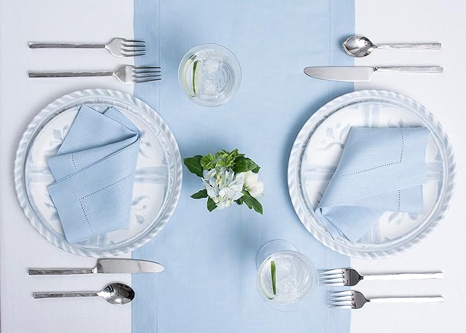 Solino Home Linen Sky Blue Table Runner 60 Inches - Classic Hemstitch, 100% Pure Linen Coffee Table Runner 14 x 60 Inch Ideal for Dresser Tables - Holiday