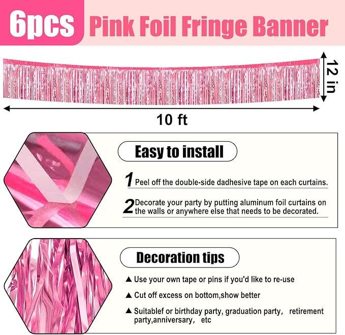 6 Pack 10 Feet Pink Foil Fringe Garland Metallic Tinsel Streamers Banner Wall Hanging Curtain Backdrop for Parade Floats, Birthday, Graduate, Mother's Day, Wedding Party Decoration