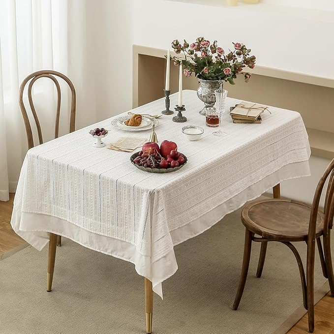 patdrea Designer Vintage Cotton White Lace Tablecloth for Rectangle Tables,French Country Cottage Embroidered Table Cloth Art Decor for Kitchen Wedding Patries Banquet Christmas,59"*83"