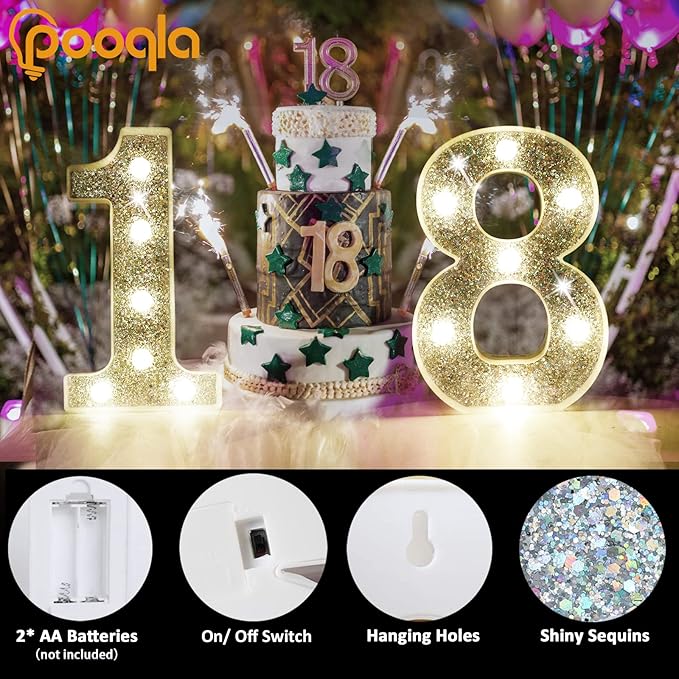 Pooqla Marquee Light up Numbers, Lighted Numbers for Silver Birthday Decorations, Night Light Battery Powered for Silver Party Decorations, Gift for Boys Girls Christmas Wedding Home Room Decoration