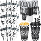Yungyan 16 Sets Checkered Flag Party Favors Goodie Cups with Lids and Straws for Birthday Decorations Reusable 16oz Plastic Candy Cups Plastic Straws for Birthday Party (Checkered Flag)
