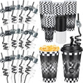 Yungyan 24 Sets Checkered Flag Party Favors Goodie Cups with Lids and Straws for Birthday Decorations Reusable 16oz Plastic Candy Cups Plastic Straws for Birthday Party (Checkered Flag)