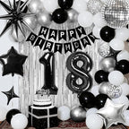 18th Birthday Decorations for Boys Girls, Black Silver Happy Birthday Party Decorations， 18 Year Old Party Supplies with Number 18 Balloons, Banner, Fringe Curtains Kit