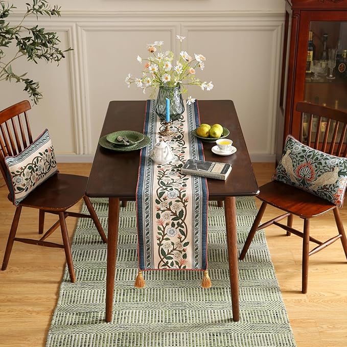 ISAENNE Designer Vintage Elegant Linen Table Runner 102 Inches Long,Colorful Flower Pattern Soft Table Runners for Dining Tables,Thanksgiving,Kitchen Tables,Christmas,12"*102"-Naples C
