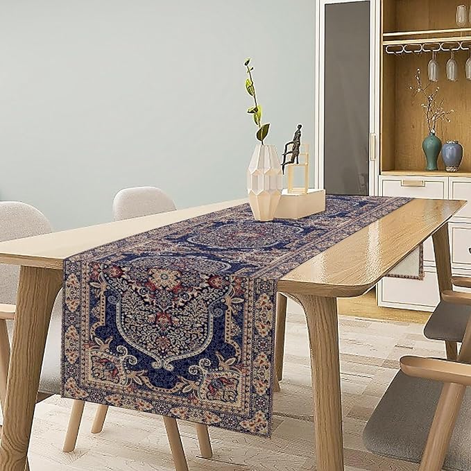 Boho Floral Vintage Table Runner, Blue Purple Retro Flower Rustic Country Farmhouse Pattern for Home Kitchen Table Decor Dining Coffee Room Party Decor 13x72in