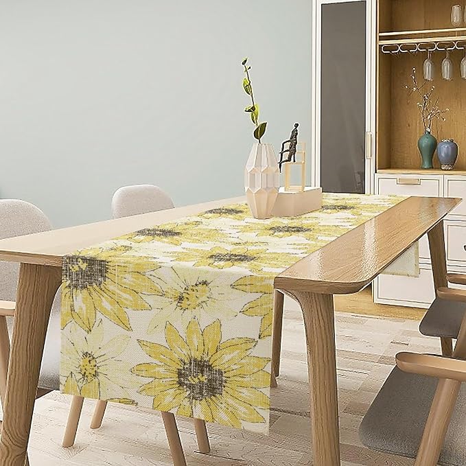 Chrysanthemum Vintage Floral Table Runner, Elegant Grunge Gray Sunflower Spring Summer Elegant Pattern Artichokes Flower Table Runner for Party Kitchen Dining Living Room Decor, 13x90 Inch