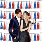 4P Metallic Fringe Tassel Banner Garland Foil Tinsel Streamer Wall Curtain Backdrop for Parade Floats, Graduation, Independence Day, 4th of July, Patriotic Themed Party Decoration(White Blue Red)