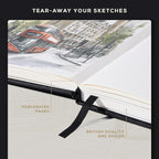 Beechmore Books A4 Sketchbook – 8.5x11 Premium Vegan Leather Bound Large Sketch Book Hardcover with 156 Thick 160gsm Perforated Ivory Pages, Blank Sketch Pad, Gift Boxed, Back Pocket, Ribbon Bookmark