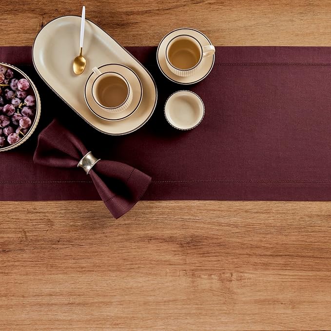 Solino Home Linen Burgundy Table Runner 90 Inches Long - 100% Pure Linen 14 x 90 Inch Table Runner for Fall, Autumn, Thanksgiving, Christmas - Classic Hemstitch