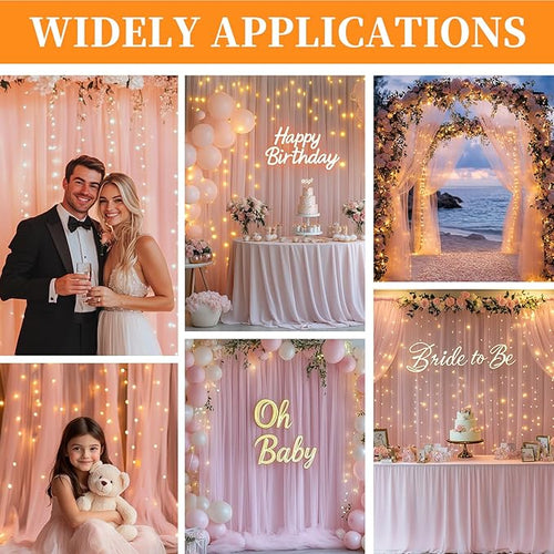 10x10ft Pink Tulle Backdrop Curtain with String Lights, Wrinkle-Free Sheer Wedding Backdrop for Birthday Parties, Baby Showers, Bridal Showers, Photo Shoots and Home Decorations, Pink