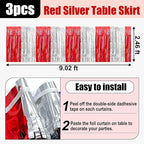 3 Pack 29x108 Inch Red Silver Foil Fringe Table Skirts Metallic Banner for Tinsel Streamer Garland Backdrop for Parade Floats Wedding Thanksgiving Birthday Christmas Halloween Party Decoration