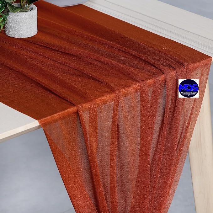 MDS 20 Pack 10ft Chiffon Table Runner 29 x 120 Inches Sheer Wedding Runner Romantic Rustic Table Runner for Wedding Decorations, Birthday Parties, Bridal Shower Party Arch Decor - Terracotta