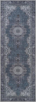 Bloom Rugs Washable Non-Slip 12 ft Runner - Dark Teal Traditional Medallion Runner for Entryway, Hallway, Bathroom, and Kitchen - Exact Size: 2.5' x 12'