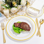 NOCCUR 700PCS Gold Disposable Dinnerware Set for 100 Guests - Plastic Plates for Party - Include 200 Gold Dinner/Dessert Plates, 100 Napkins, 100 Cups, 300 Plastic Silverware - Ideal for Wedding&Party