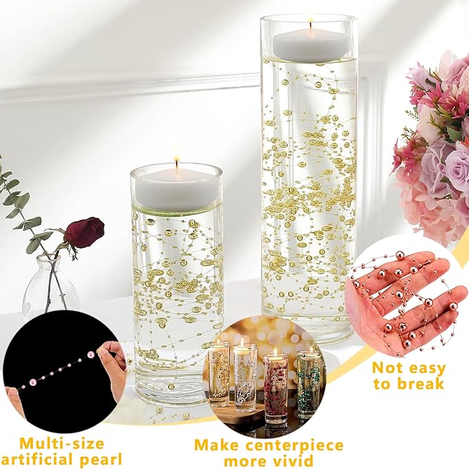 50 PCS Artificial Floating Beads for Centerpieces Vases, Yellow 8+3mm String Beads for Wedding Party Faux Pearl String for Decorating, String Pearls for Crafts Vase Filler