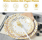 Lullaby 200PCS White Paper Plates, Disposable White and Gold Paper Plates, 100pcs Dinner Plates 9", 100pcs Dessert Plates 7", Party Plates with Golden Dot for Birthday, Gathering
