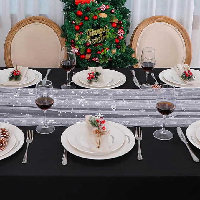 Snowkingdom Christmas Snowflake Cheesecloth Table Runner Silver 120 Inch Sheer Chiffon Gauze Runner, Winter Decorations Sparkly Sequin Metallic Party dining Table for Christmas Winter Holiday New Year