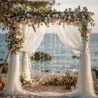 Tulle Backdrop Curtains with Lights String White 10FT X 8FT Sheer Curtain with Lights Tulle Curtains Backdrop for Wedding Birthday Party Baby Shower Photo Shoot (2 Panels 5x8FT)