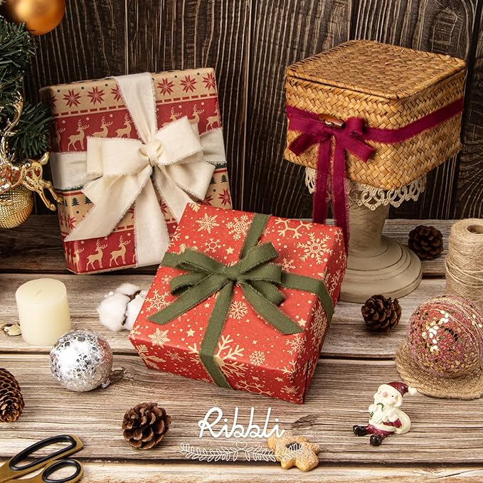 Ribbli 3 Rolls Christmas Ribbon 5/8 Inch x 18 Yards Ivory Burgundy Moss Handmade Cotton Frayed Fringe Ribbons for Gift Wrapping Wedding Invites Bridal Bouquets DIY Crafts Christmas Home Decor